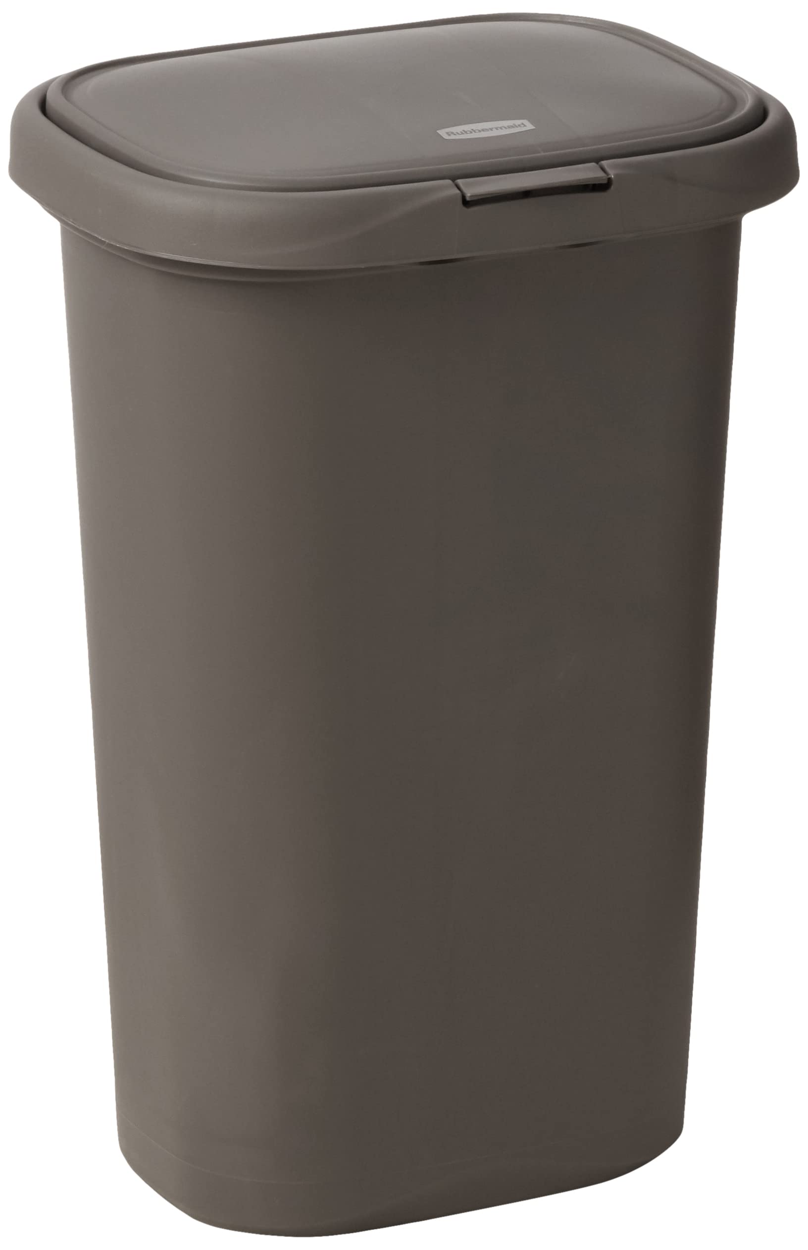 Rubbermaid front view gray 13 gallon can showing neutral look and space-saving benefit