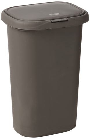 Rubbermaid front view gray 13 gallon can showing neutral look and space-saving benefit