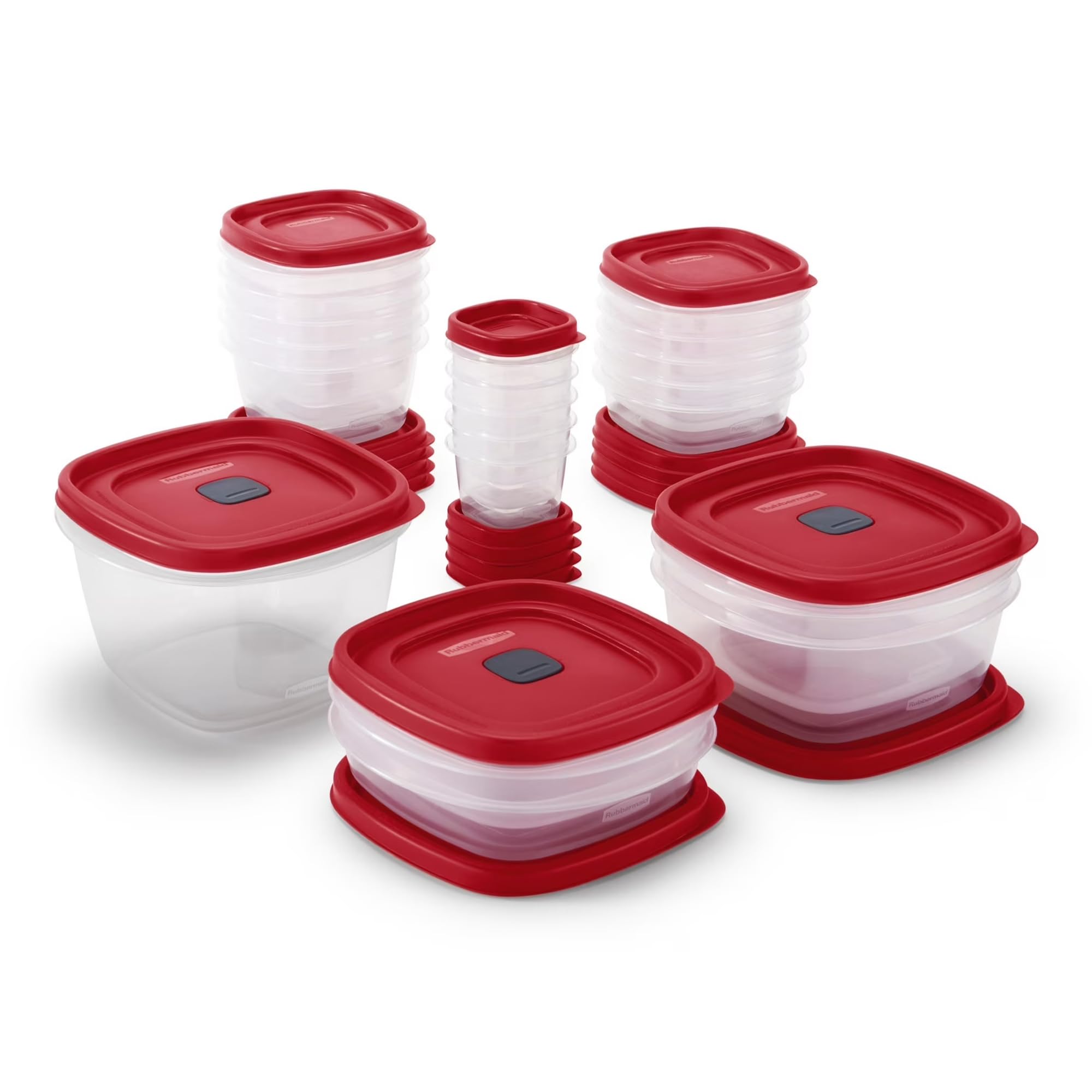 Rubbermaid containers neatly arranged in fridge to maximize shelf space and visibility