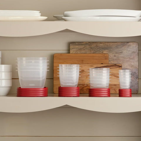 Rubbermaid containers in fridge demonstrating square design maximizing shelf space benefit