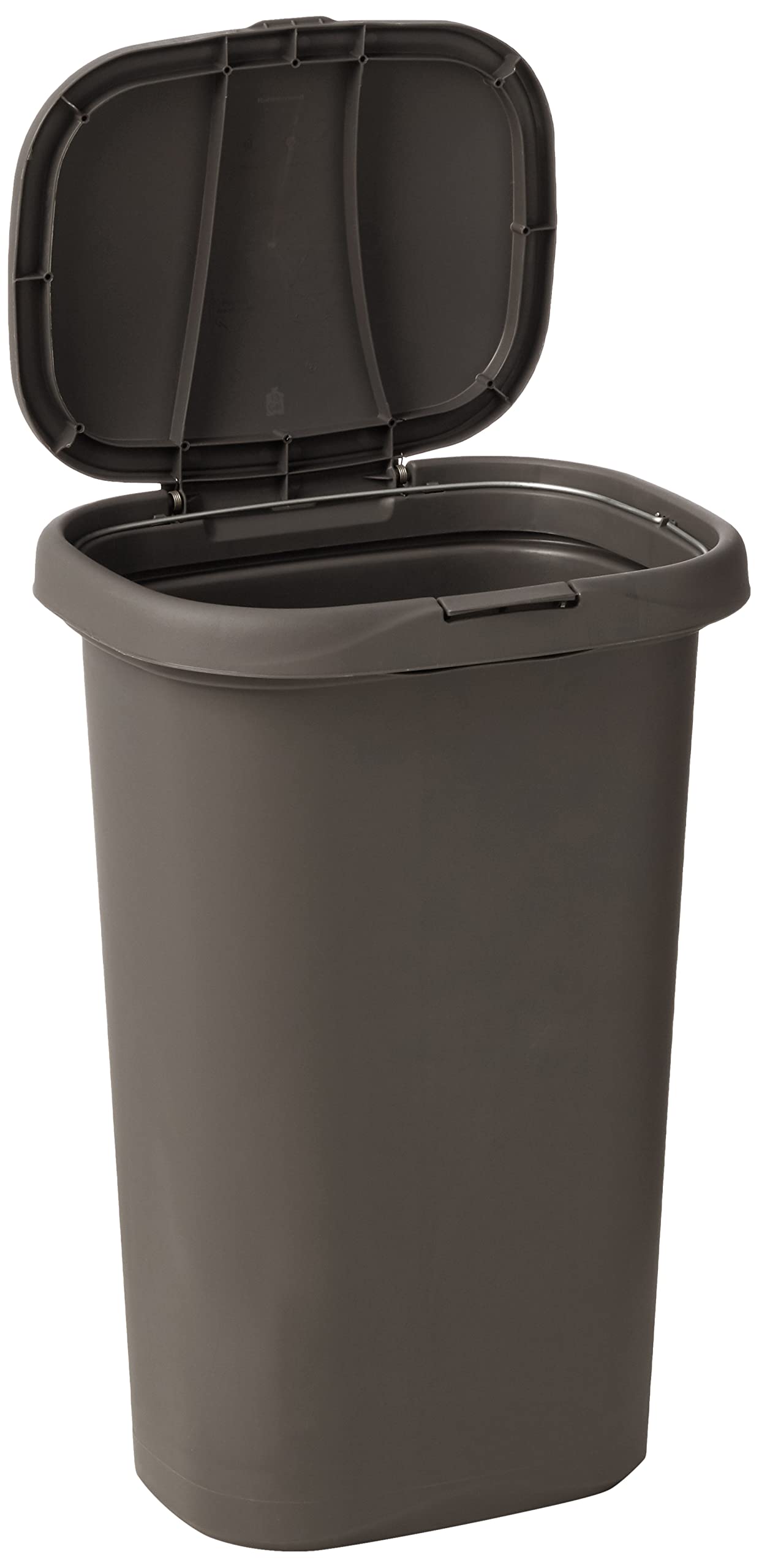 Rubbermaid lid action demonstrating spring-top ease for quick, one-handed disposal