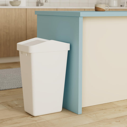 Rubbermaid lid close-up showing swing mechanism for one-handed disposal ease