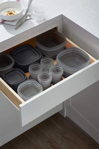 Rubbermaid lids clipped together to show interchangeable lid convenience