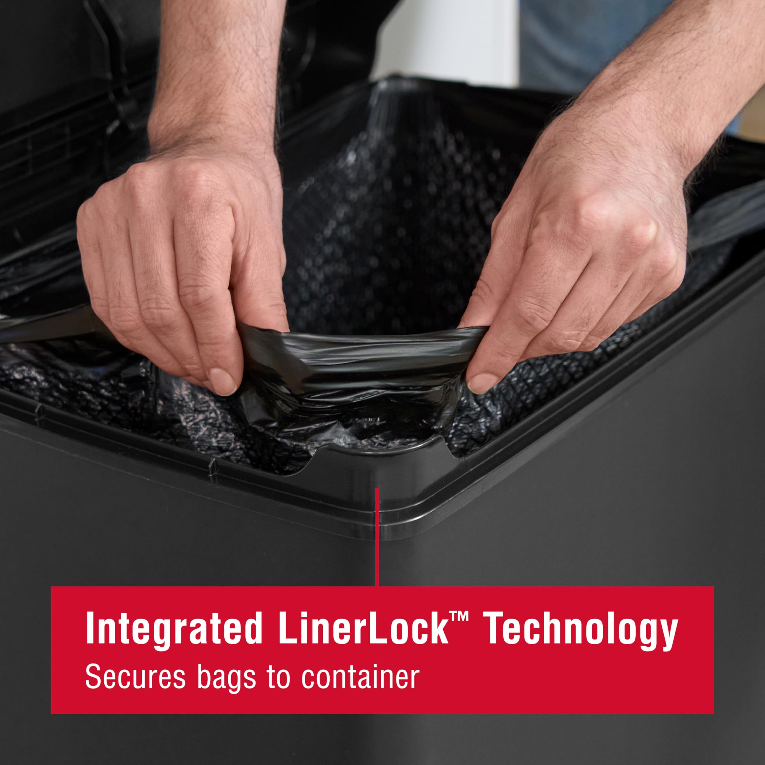 Rubbermaid lid slow-close mechanism detail highlighting quiet operation for reduced kitchen noise