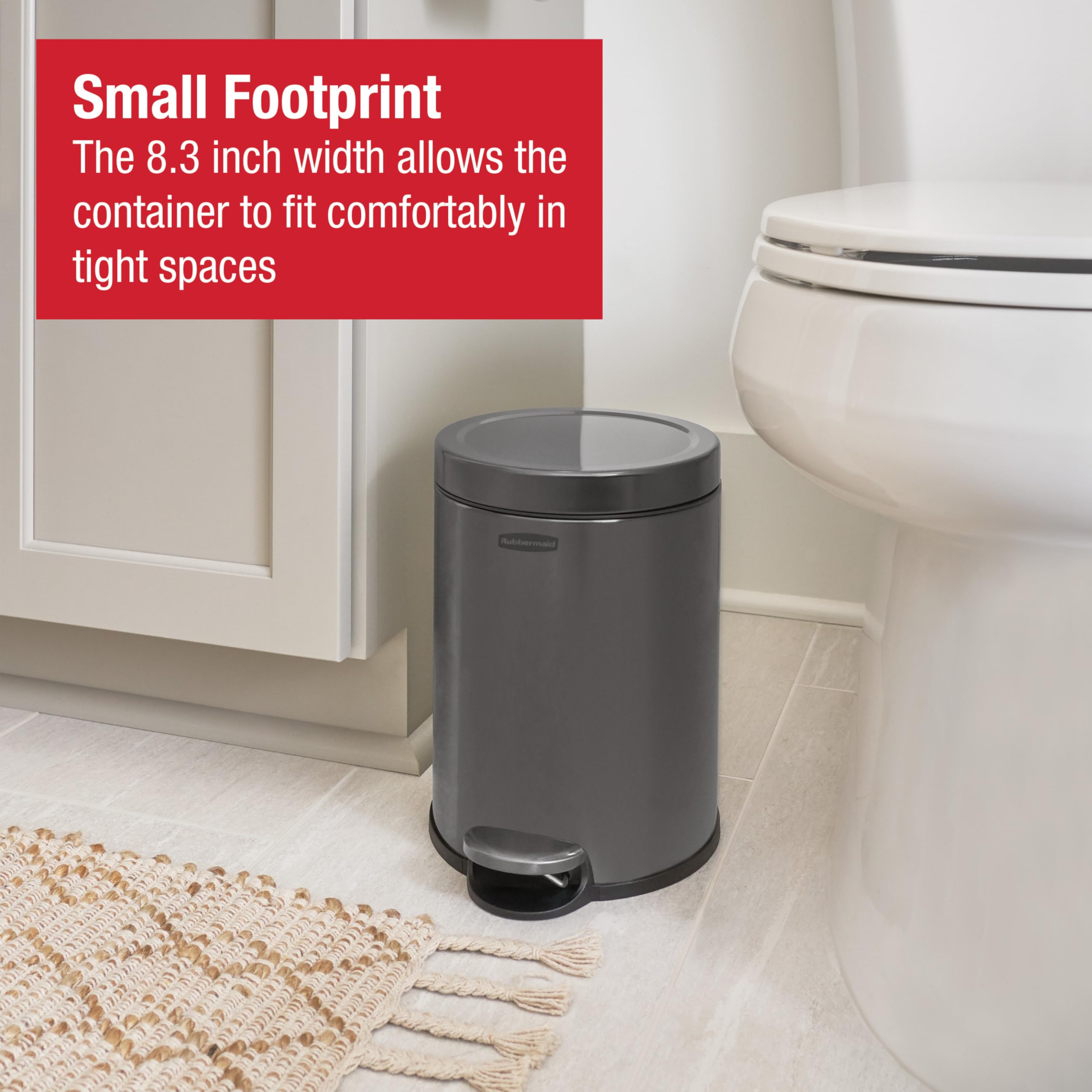 Rubbermaid lid detail showing slow-close mechanism for quiet, controlled closure