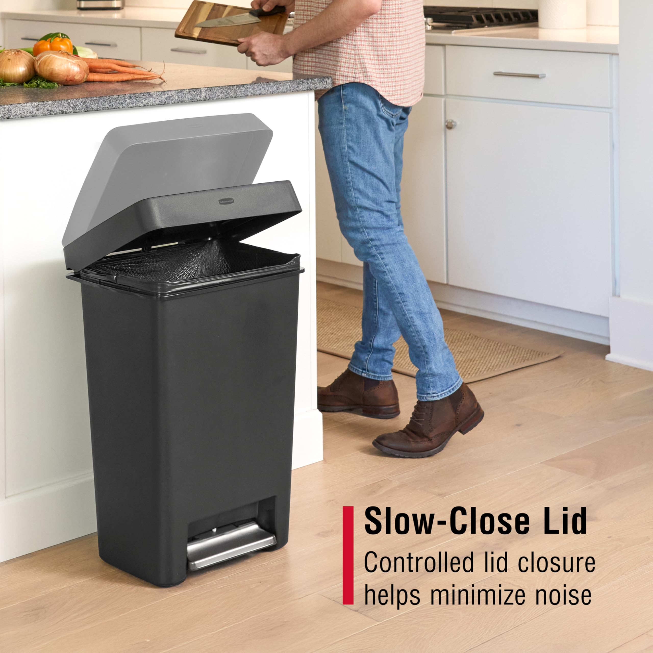 Rubbermaid LinerLock holding a trash bag secure to prevent slipping during heavy loads