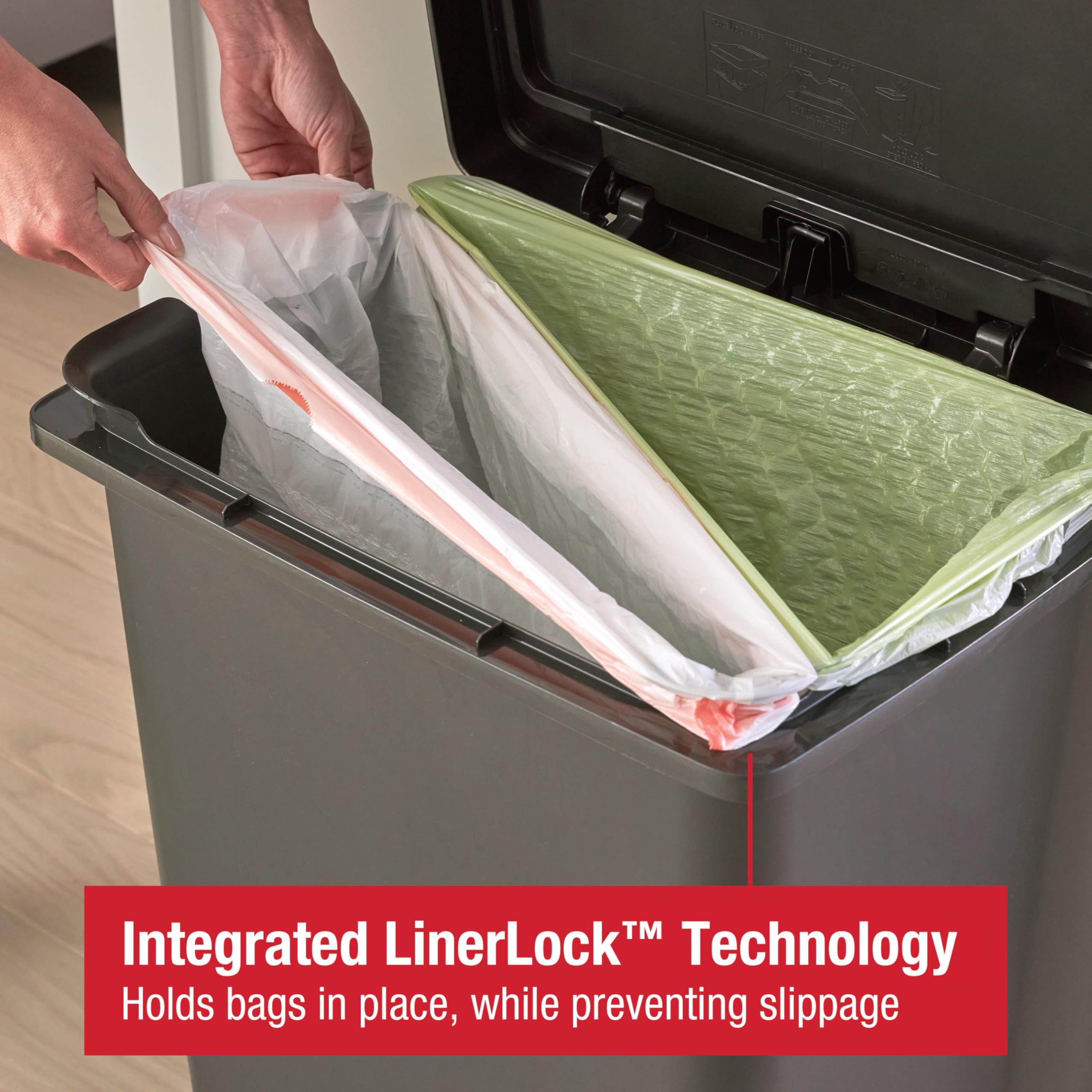 Rubbermaid premier LinerLock detail securing bags and preventing slipping for tidy look