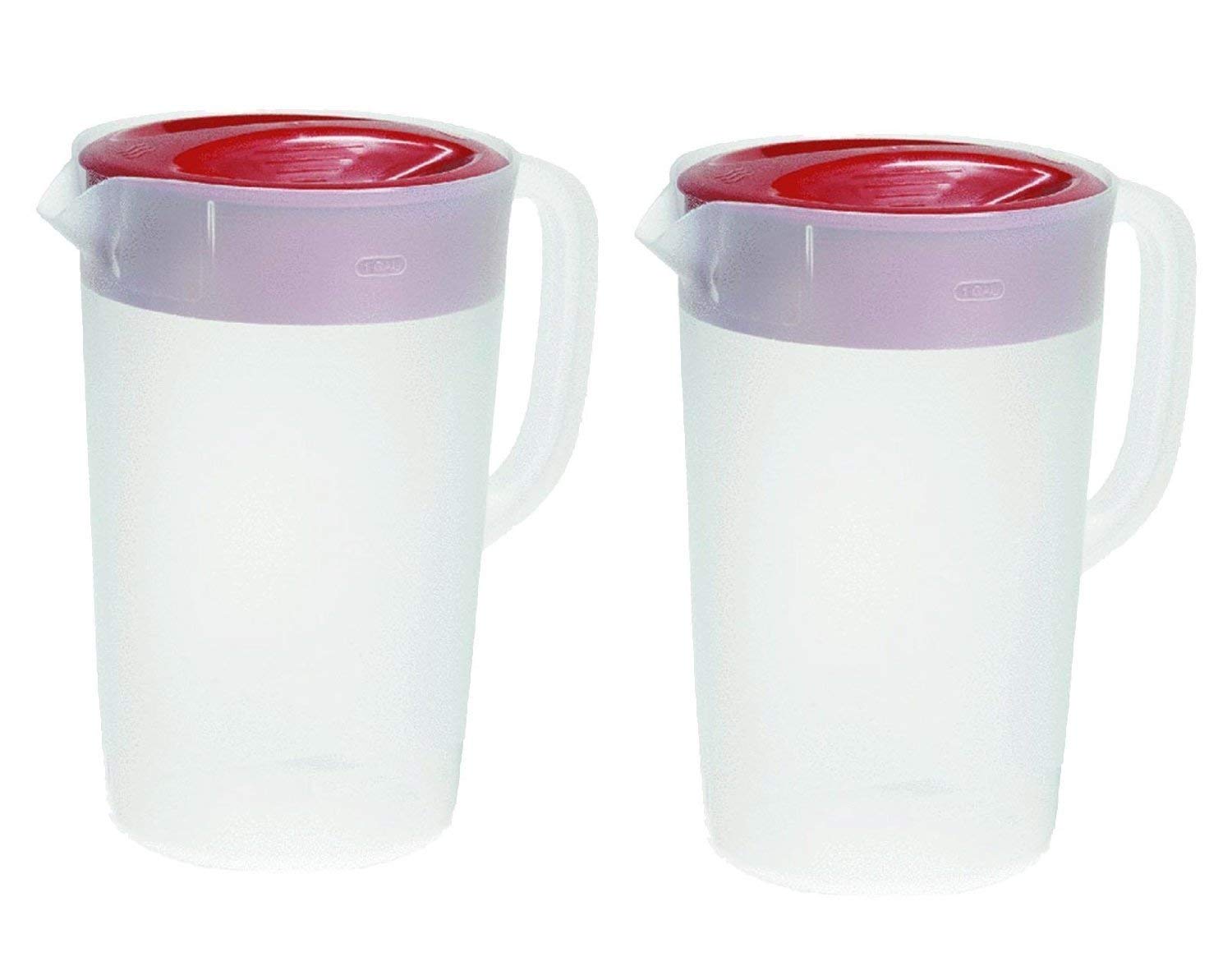 Rubbermaid pitcher front view with red lid shows easy pouring and strainer benefit