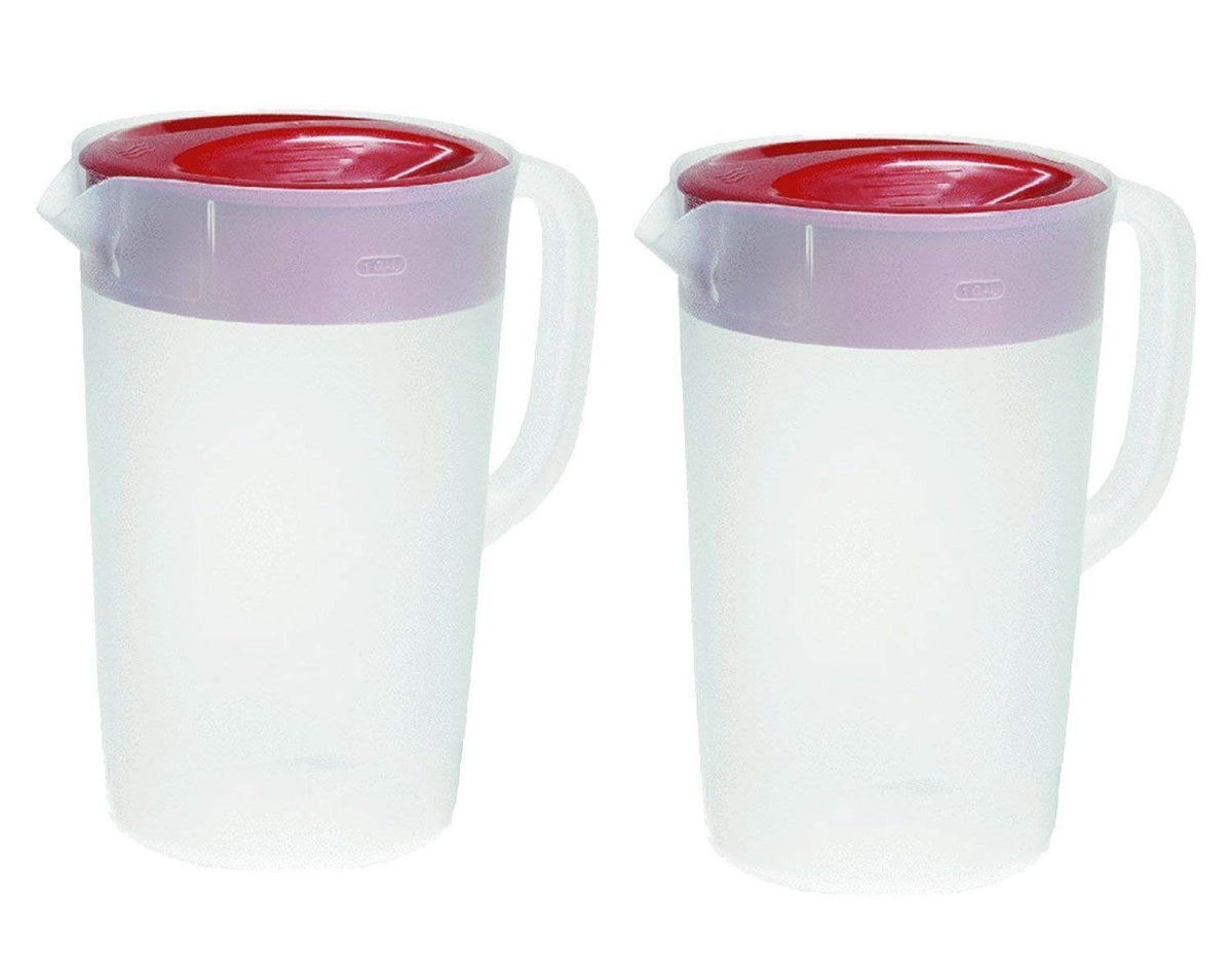 Rubbermaid pitcher front view with red lid shows easy pouring and strainer benefit