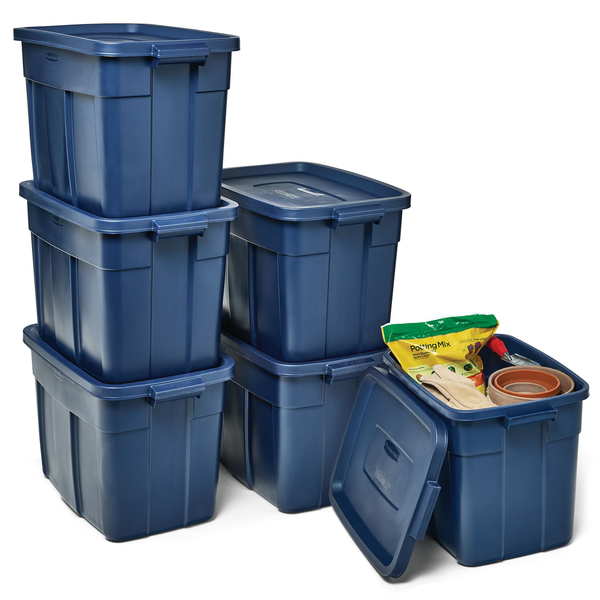 Rubbermaid Roughneck front view six-pack showing dark indigo metallic and durable build for organized storage