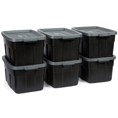 Rubbermaid Roughneck front view of 6-pack showing durable lids and colors for organized storage