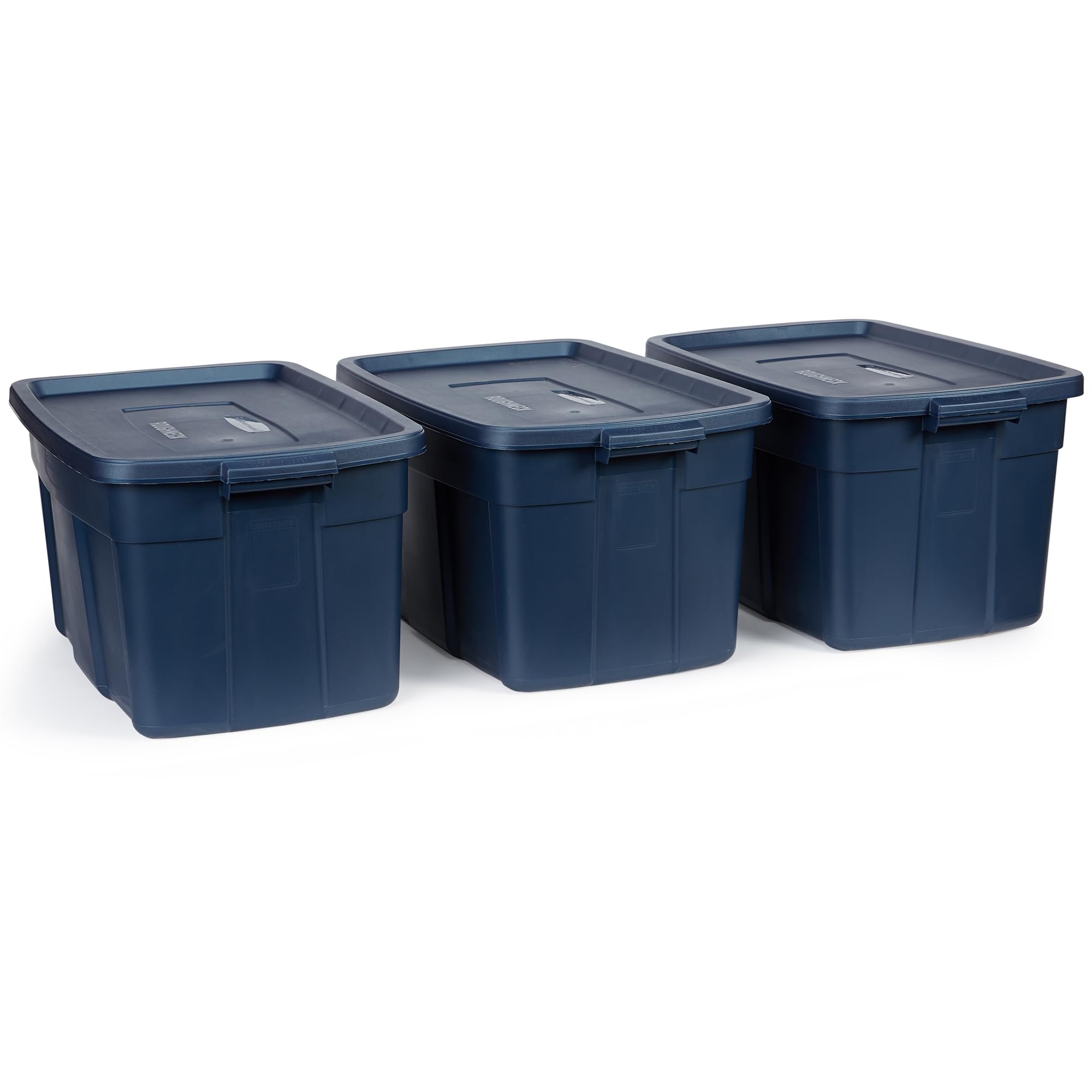 Rubbermaid Roughneck front view of three-pack shows durable stackable storage
