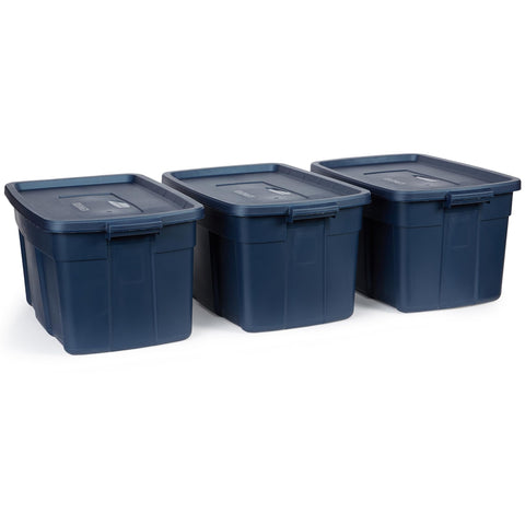 Rubbermaid Roughneck front view of three-pack shows durable stackable storage