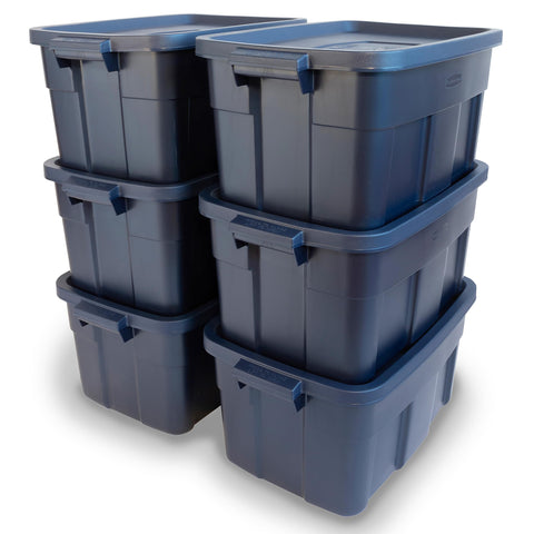 Rubbermaid Roughneck front view of six dark indigo metallic totes showing durable storage
