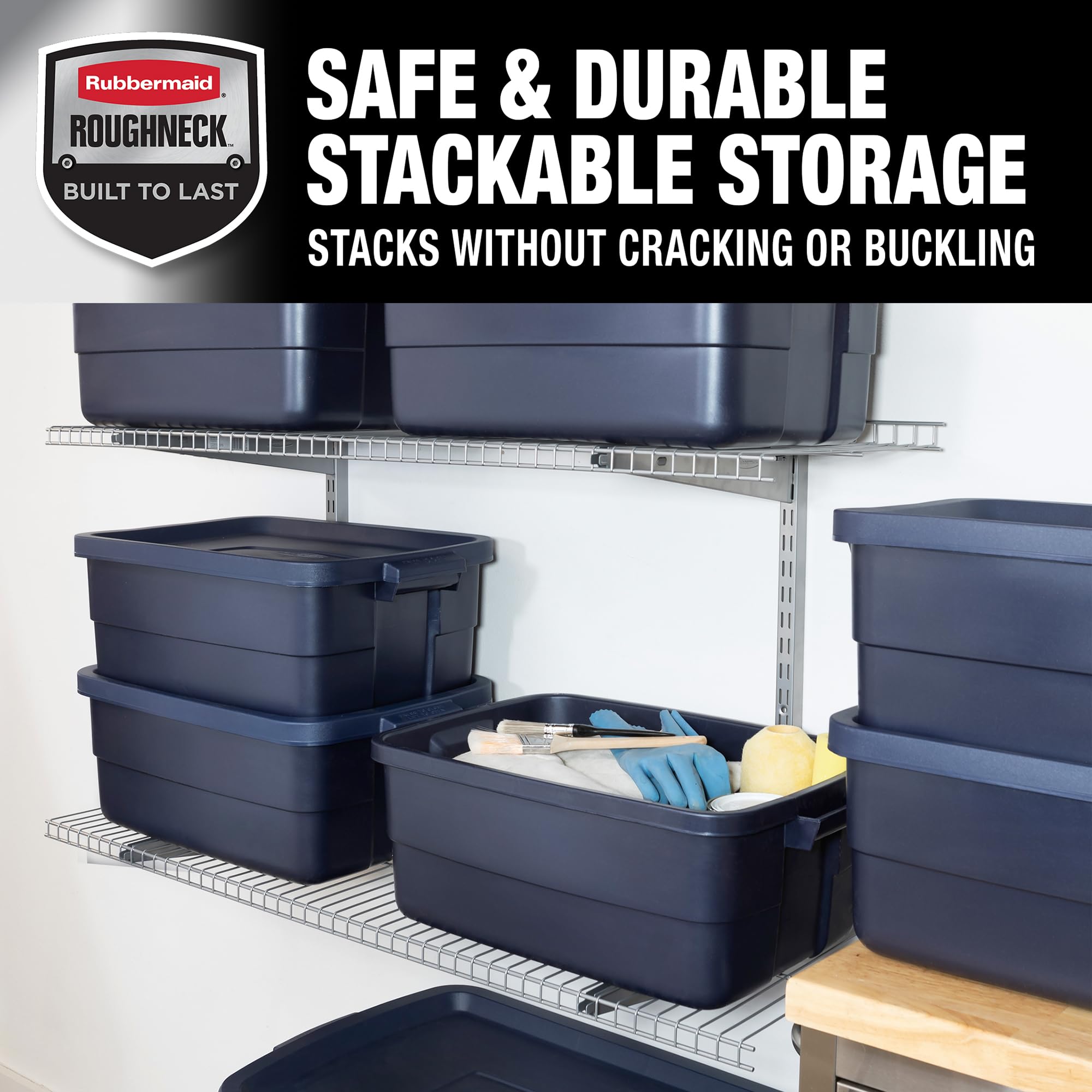 Rubbermaid Roughneck in-garage with tools showing organized storage benefit