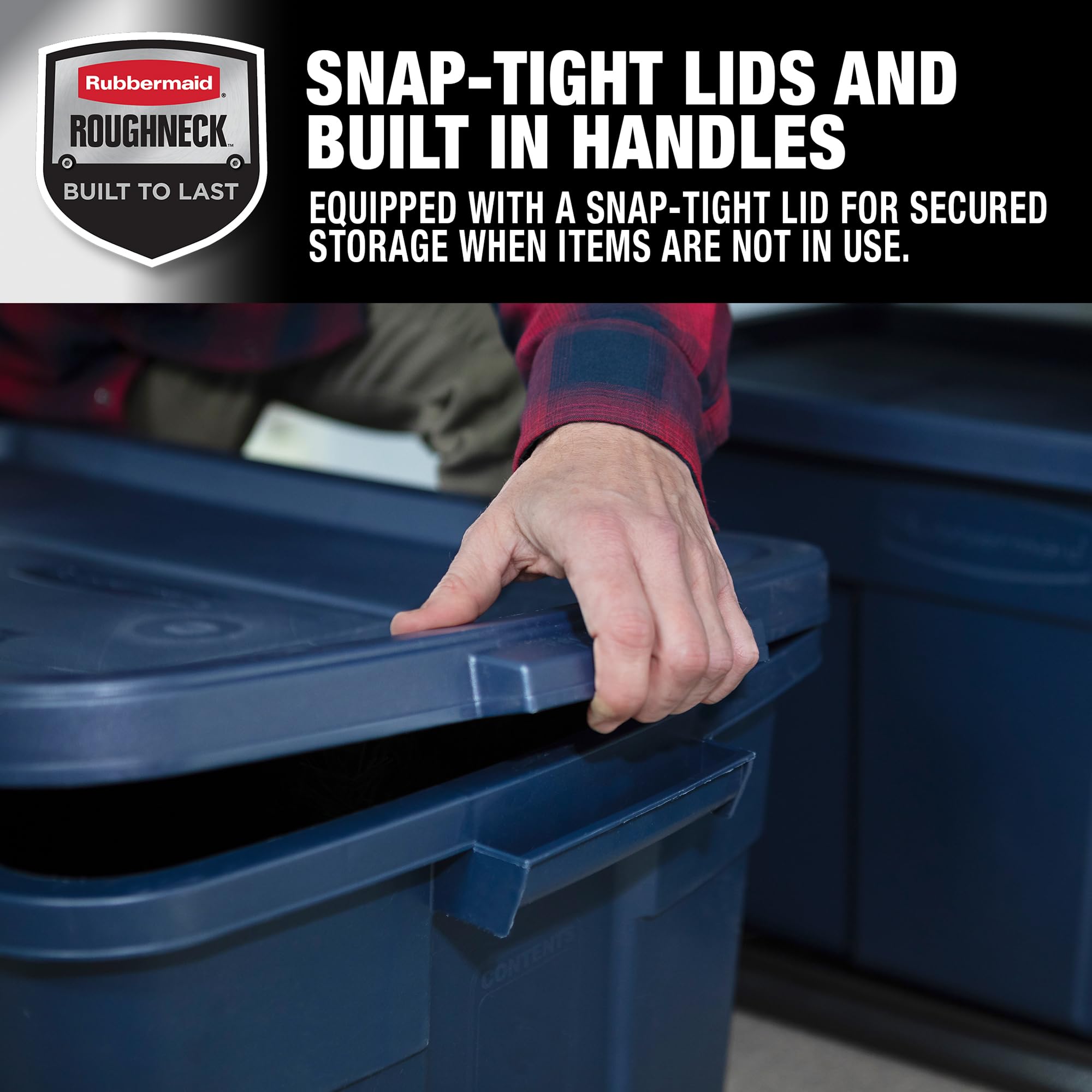 Rubbermaid Roughneck side handle detail illustrating easy lifting