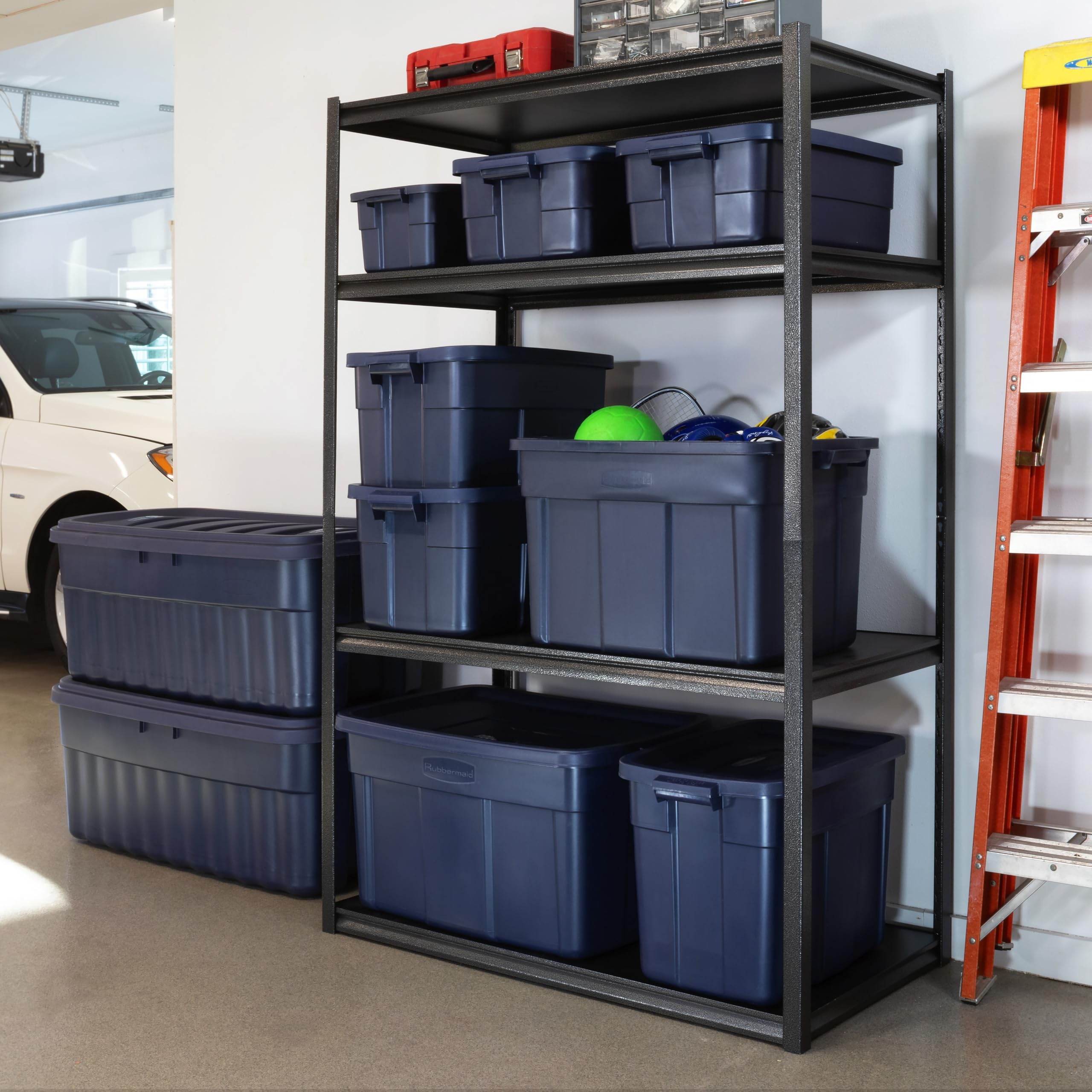 Rubbermaid Roughneck next to ruler showing dimensions and capacity for accurate space planning