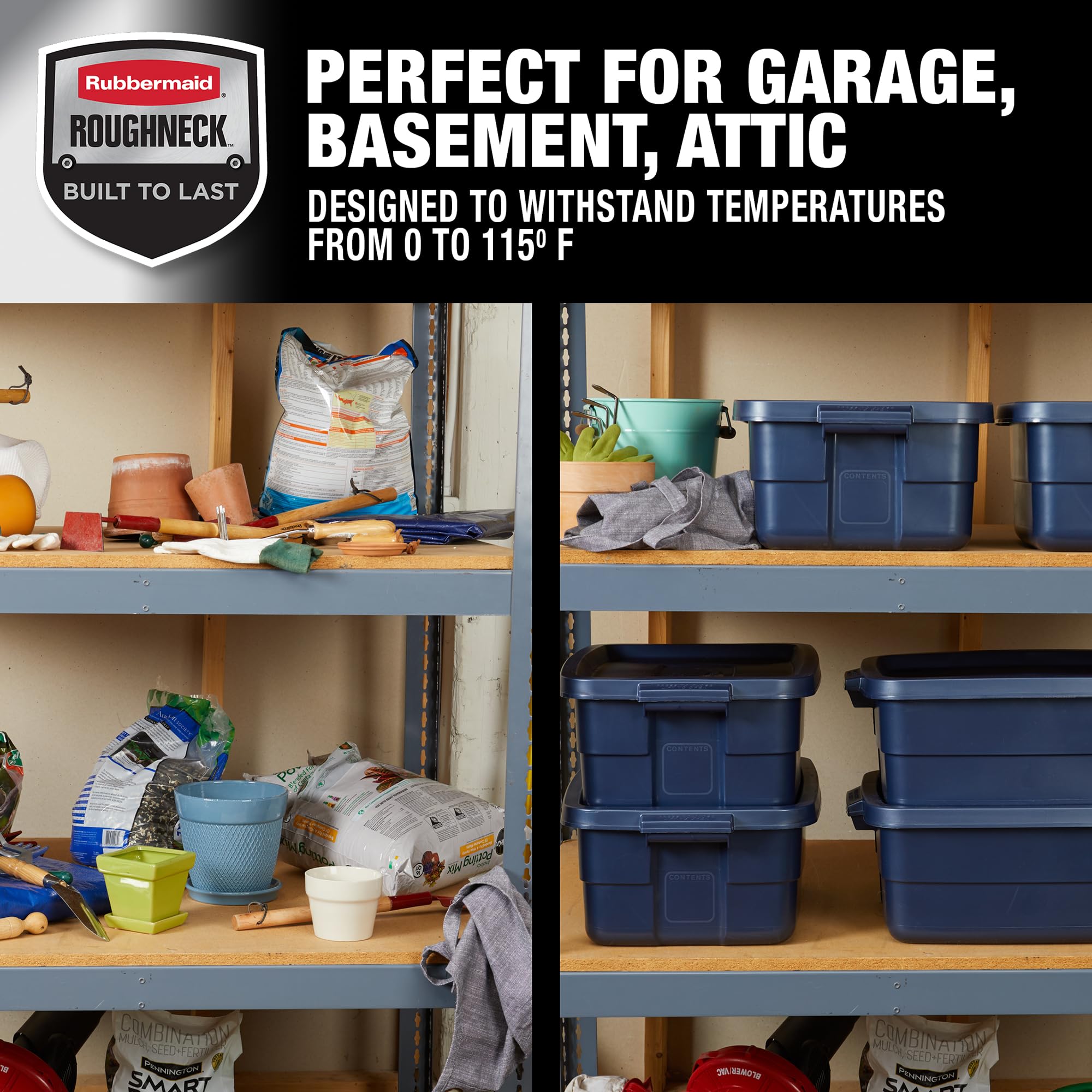 Rubbermaid Roughneck next to household items for scale and capacity clarity