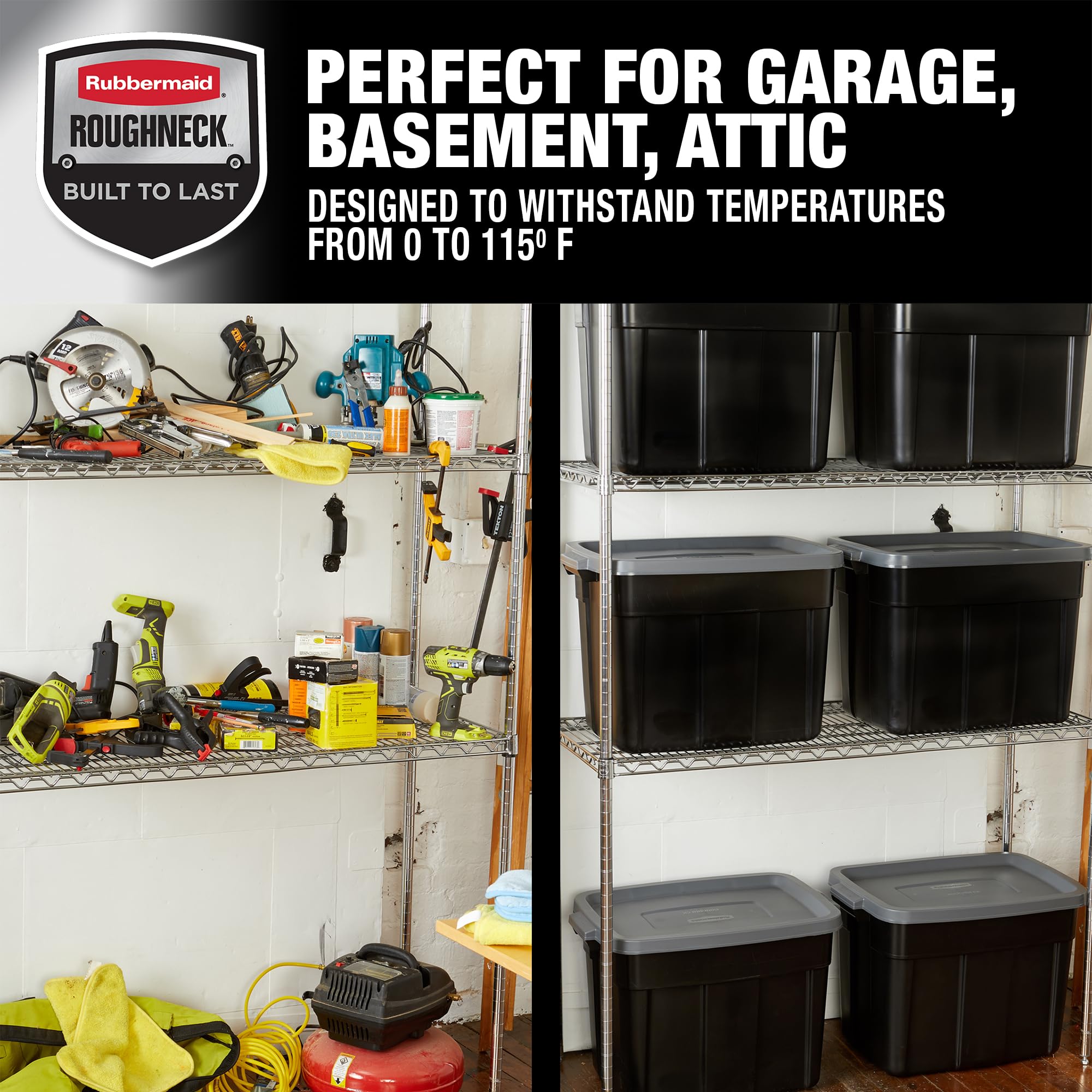 Rubbermaid Roughneck size comparison demonstrating 18-gallon capacity and scale