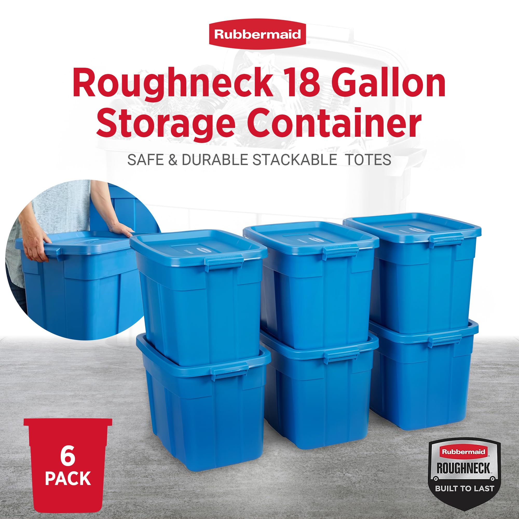 Rubbermaid Roughneck stacked bins in garage maximizing vertical storage
