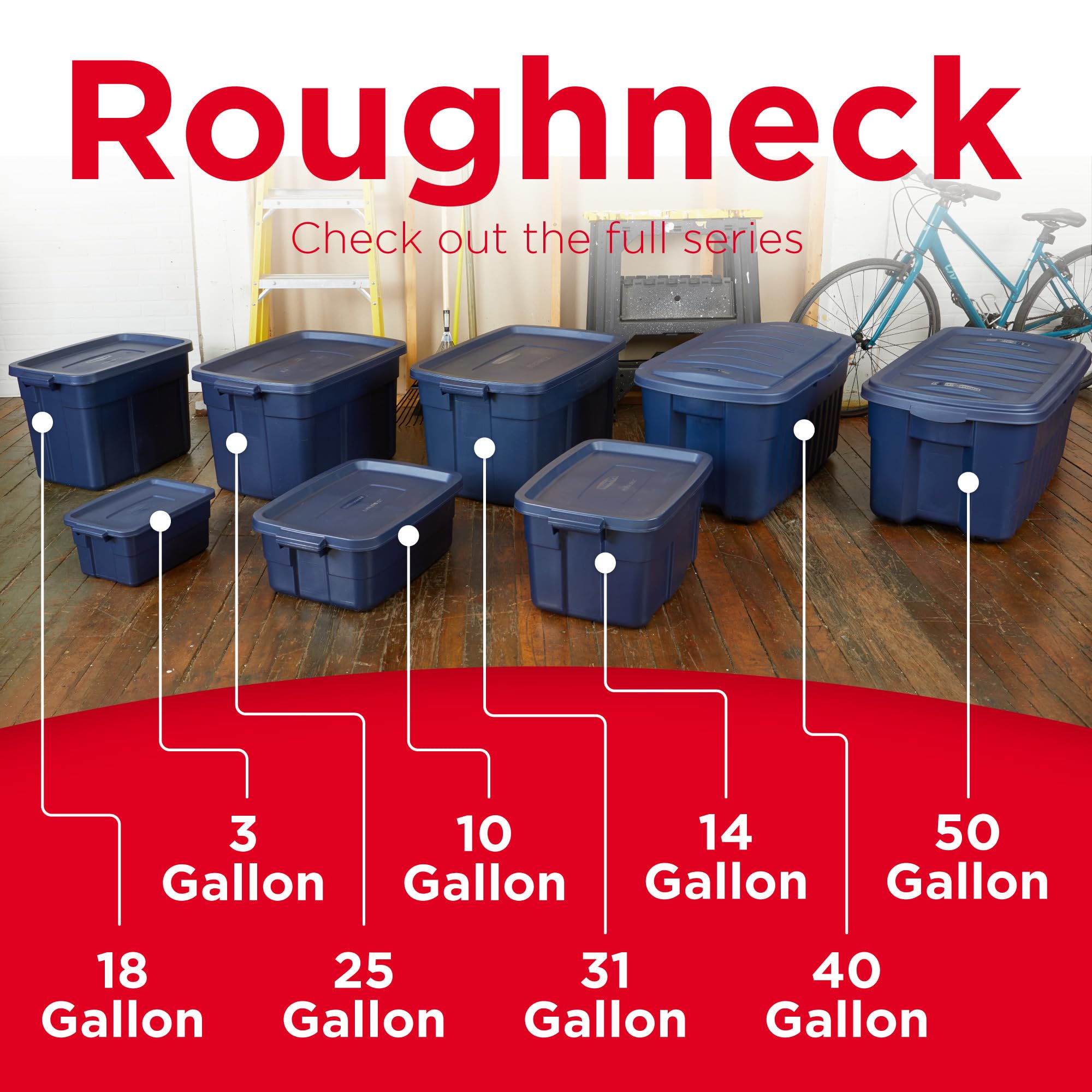 Rubbermaid Roughneck stacked in a garage demonstrating space-saving design and stable stacking benefit