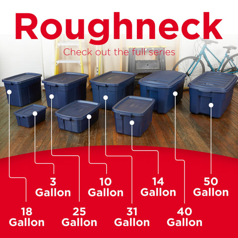 Rubbermaid Roughneck stacked in a garage demonstrating space-saving design and stable stacking benefit