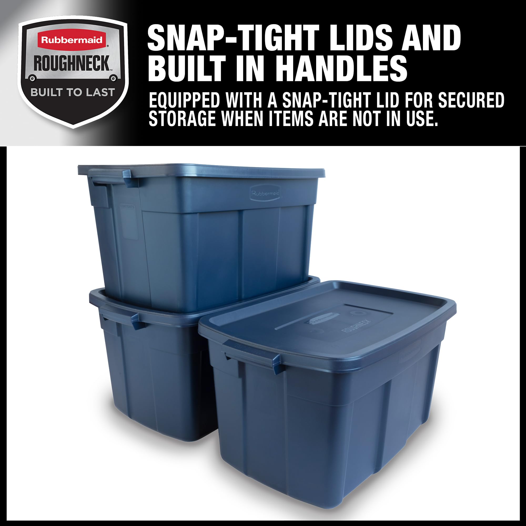 Rubbermaid Roughneck stacked in garage maximizing vertical storage space