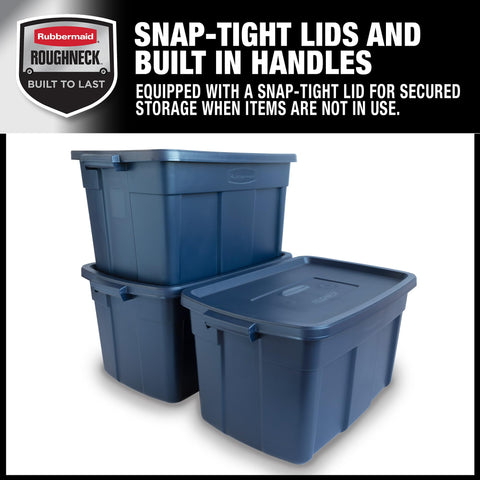 Rubbermaid Roughneck stacked in garage maximizing vertical storage space