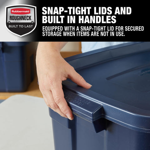 Rubbermaid Roughneck stacked in garage demonstrating space-saving, stable stacking