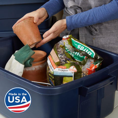 Rubbermaid Roughneck stacked bins illustrating space-saving stable stacking