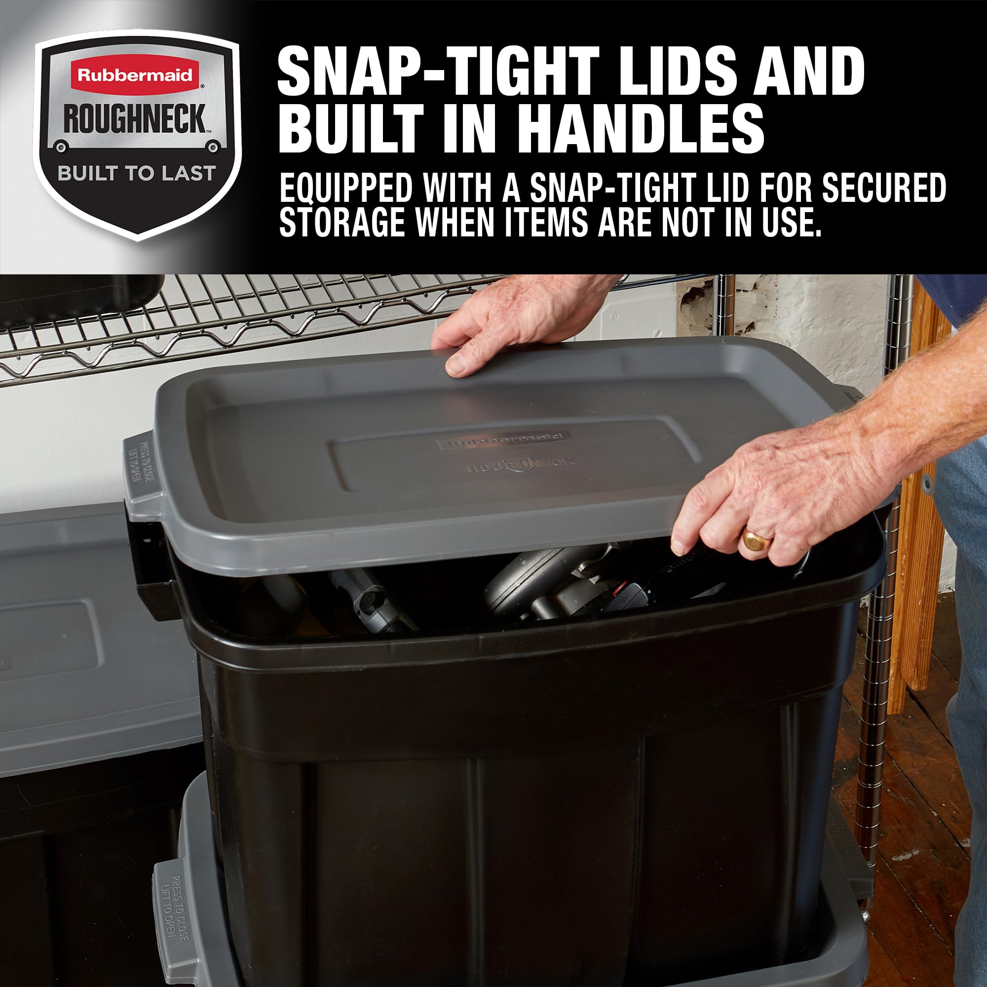 Rubbermaid Roughneck stacked totes illustrating space-saving vertical storage
