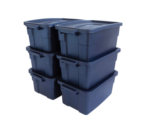 Rubbermaid Roughneck front view of 6-pack showing sturdy stackable design and color