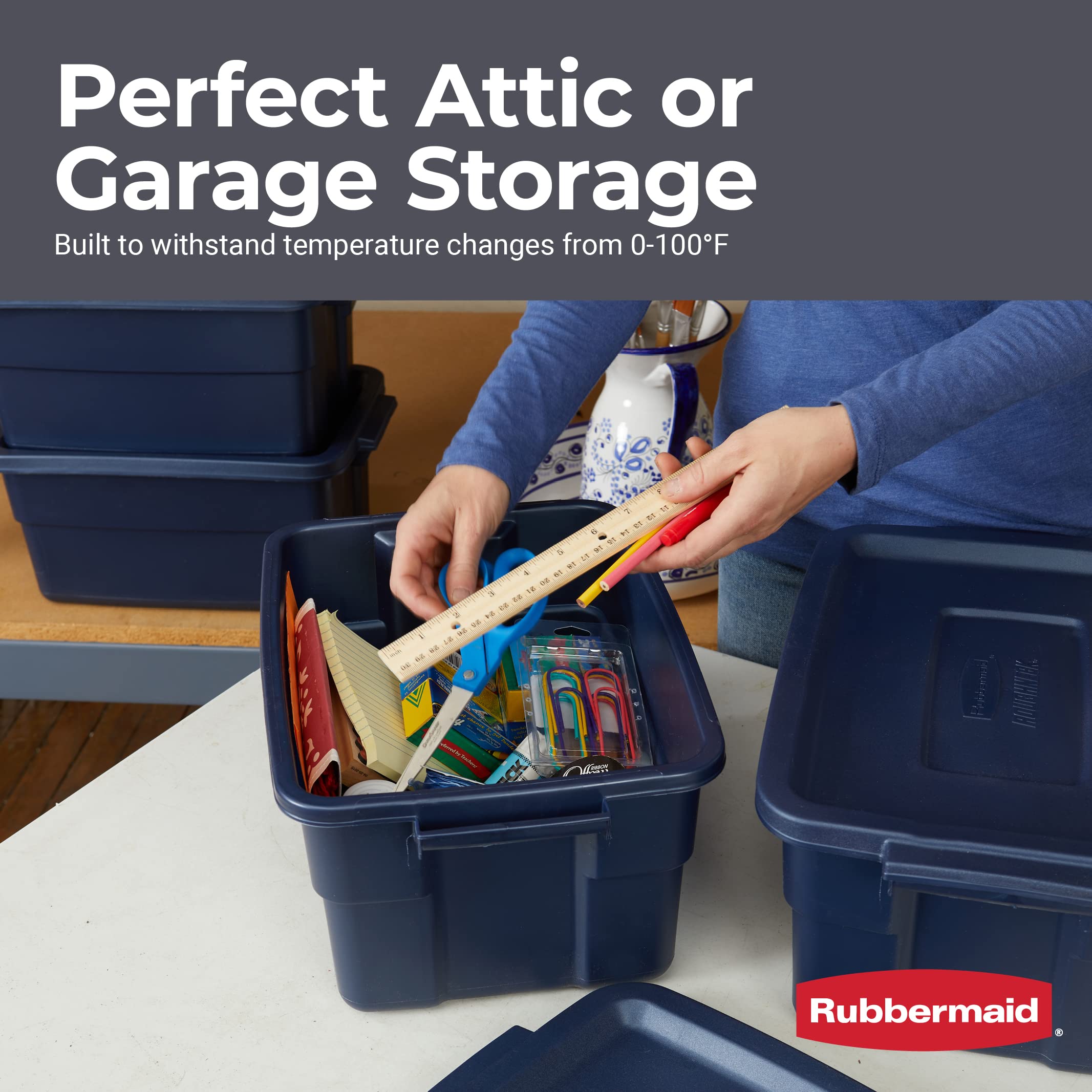 Rubbermaid Roughneck tote stored in closet demonstrating organized small-item storage