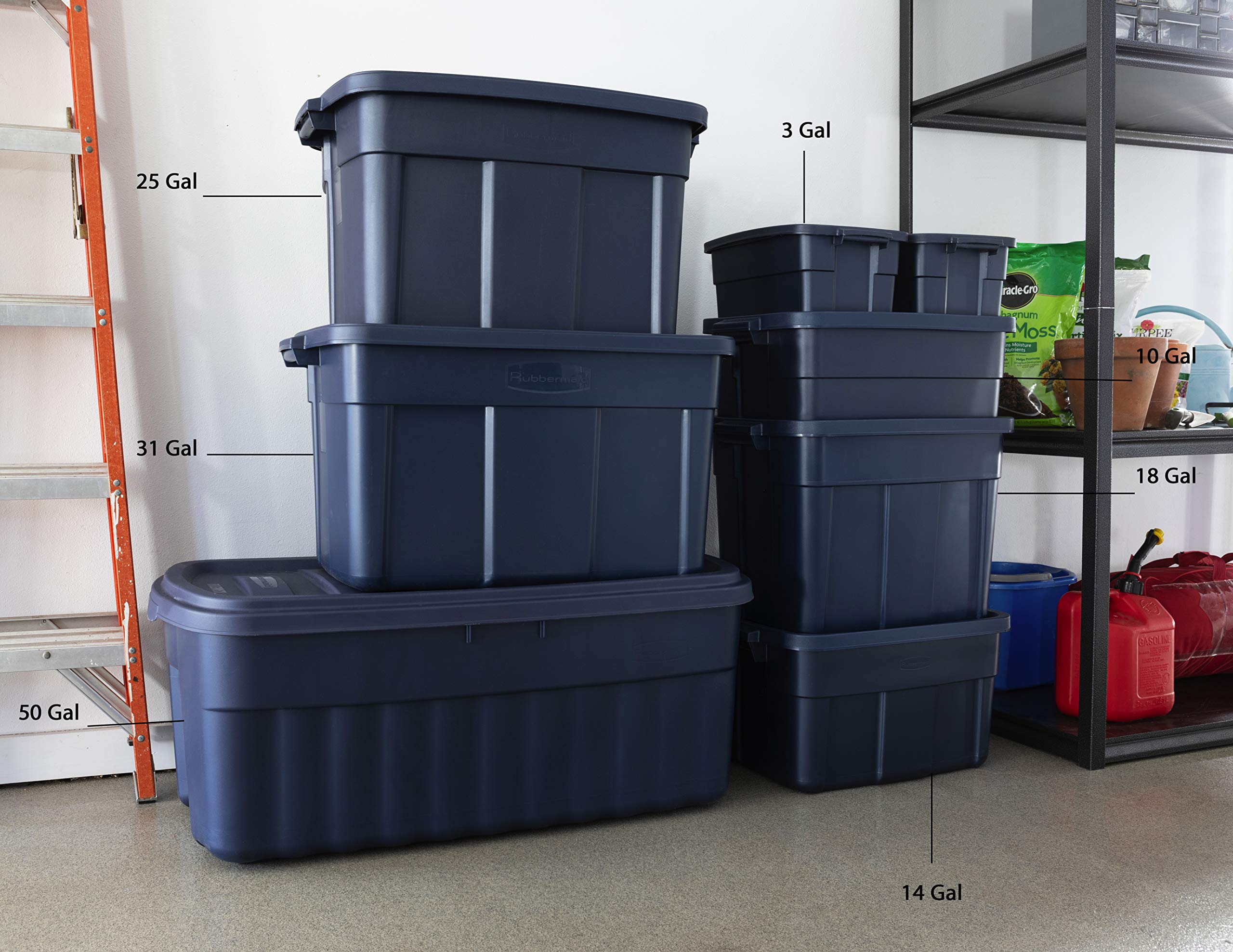 Rubbermaid Roughneck tote in garage storing tools and gear to keep items organized and protected