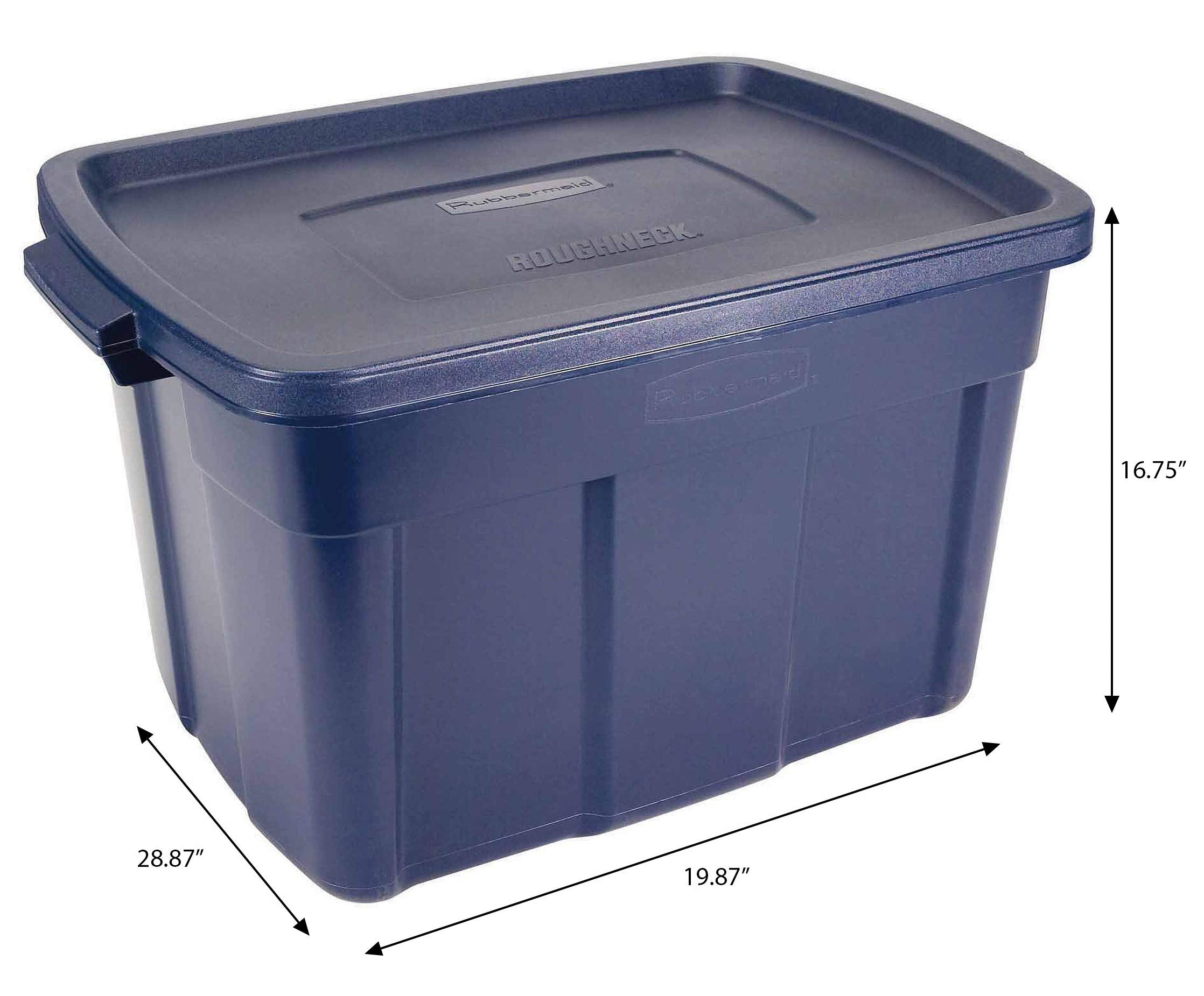 Rubbermaid Roughneck tote beside a common household object showing 25-gallon scale for capacity clarity