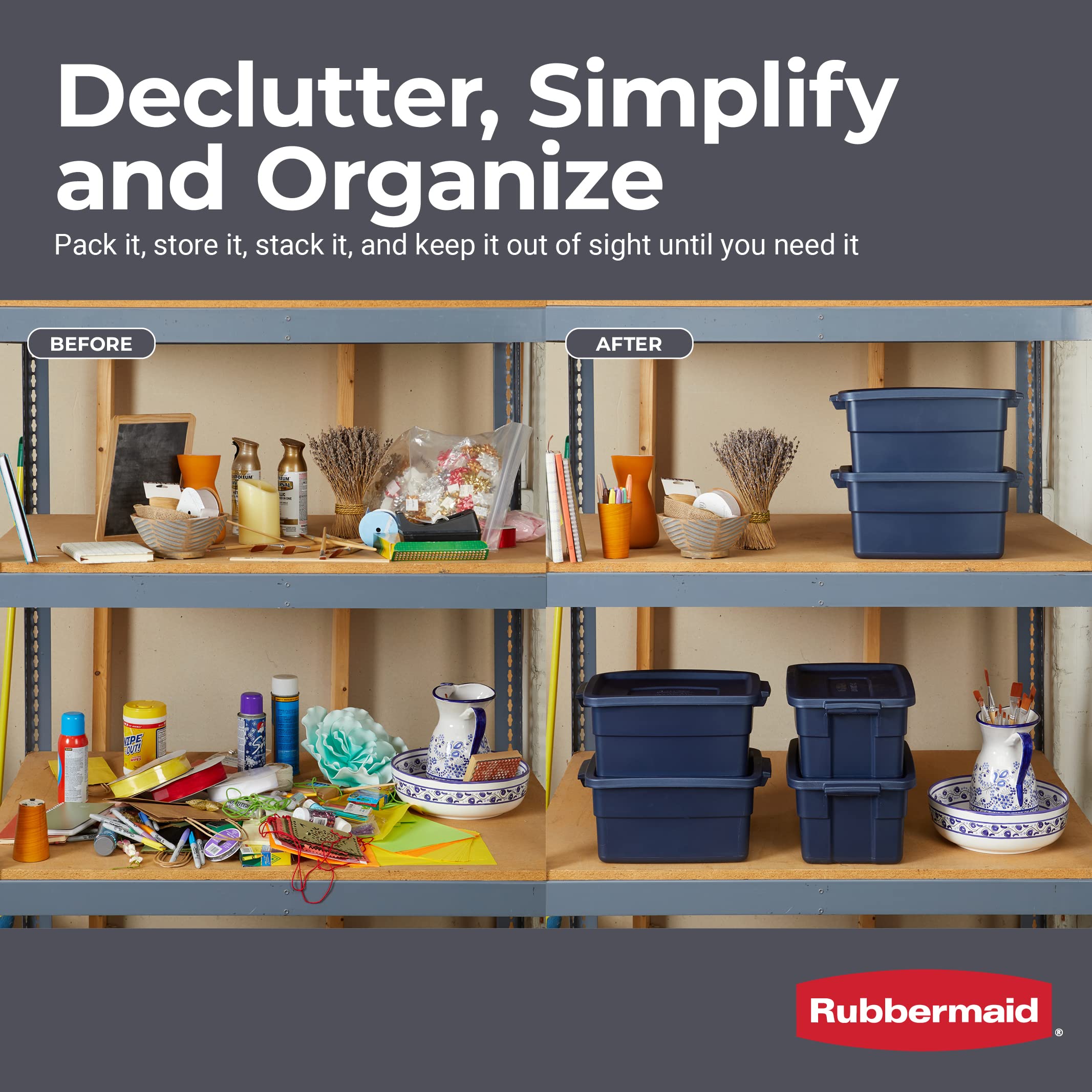 Rubbermaid Roughneck beside ruler showing dimensions for efficient space planning