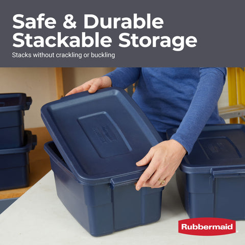 Rubbermaid Roughneck stacked totes showing stable stacking and space-saving benefit