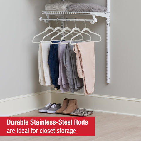 Rubbermaid shelf with shoes and storage bins illustrating load capacity and neat organization