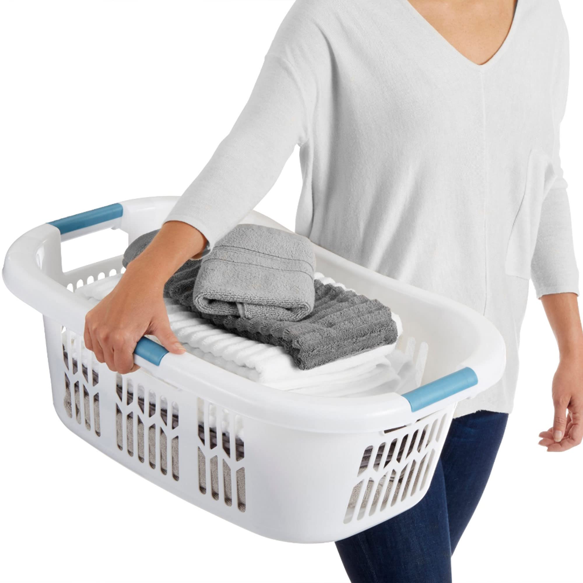 Rubbermaid beside a laundry basket to show scale and storage capacity