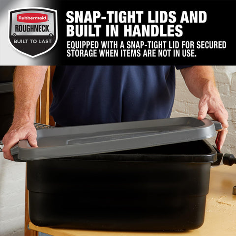 Rubbermaid tote beside hand showing size and easy carrying