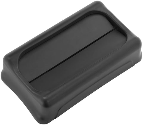 Rubbermaid Commercial lid in use with hand disposing trash showing easy access benefit