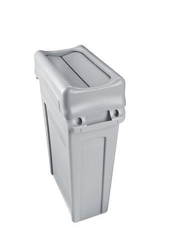 Rubbermaid Commercial lids stacked in storage showing space-saving benefit