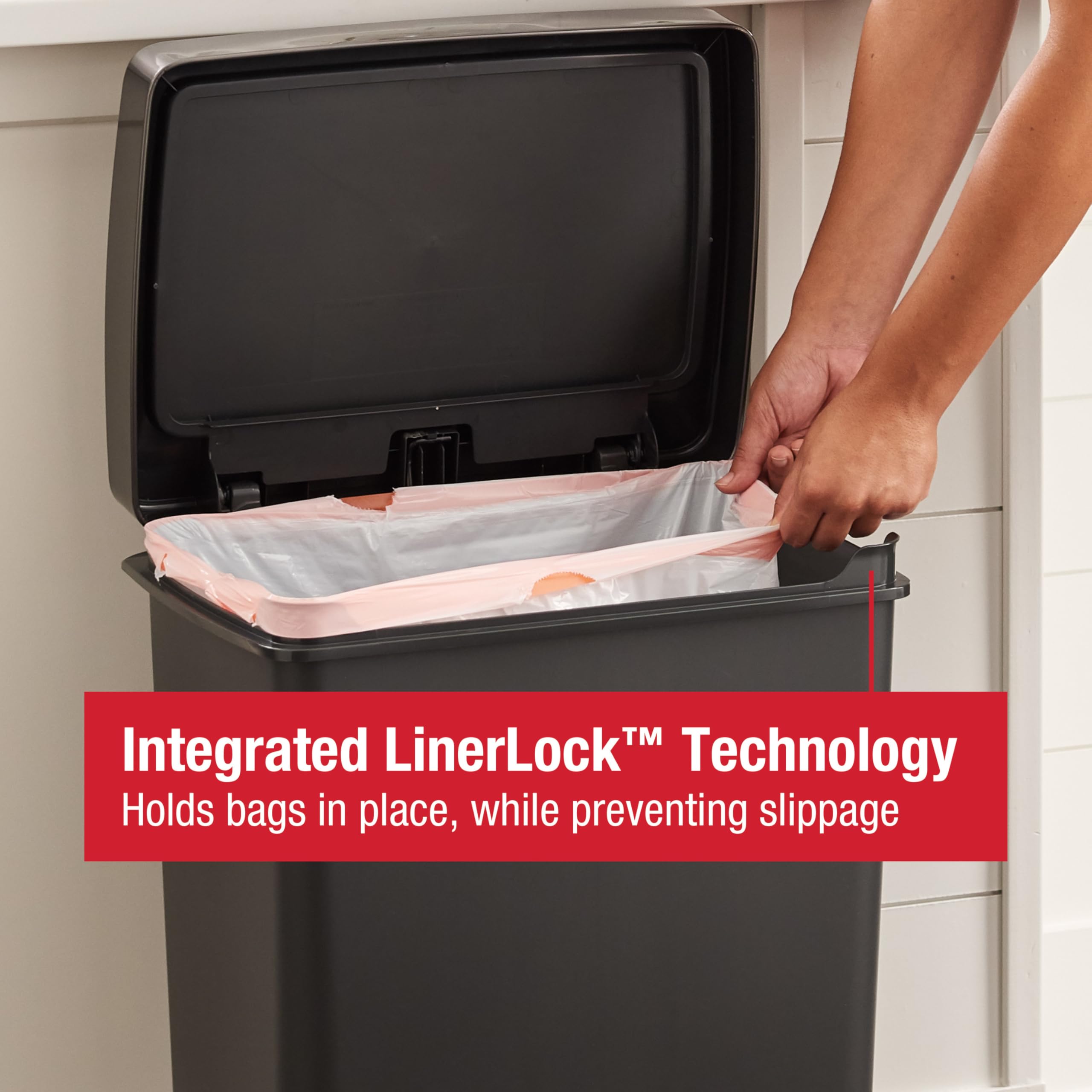 Rubbermaid slow-close lid open with lid lock for longer tasks