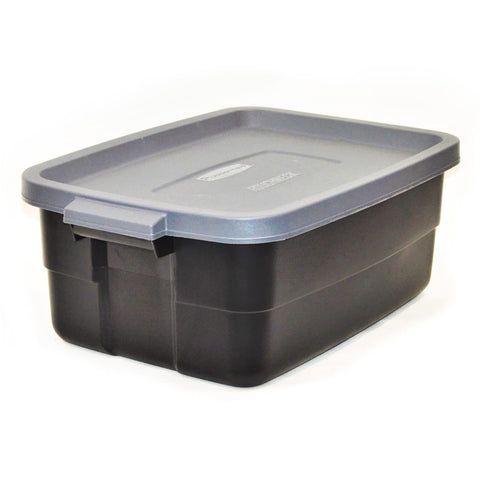 Rubbermaid stacked totes in garage demonstrating space saving