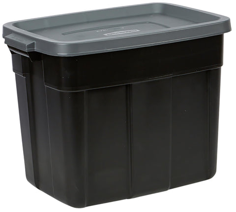 Rubbermaid stacked totes in garage saving floor space