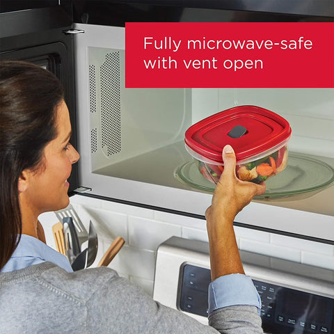 Stacked bright red Rubbermaid lids demonstrating easy-find, space-saving organization