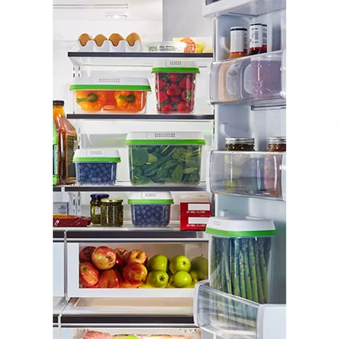 Rubbermaid stacked modular containers in cabinet saving storage space