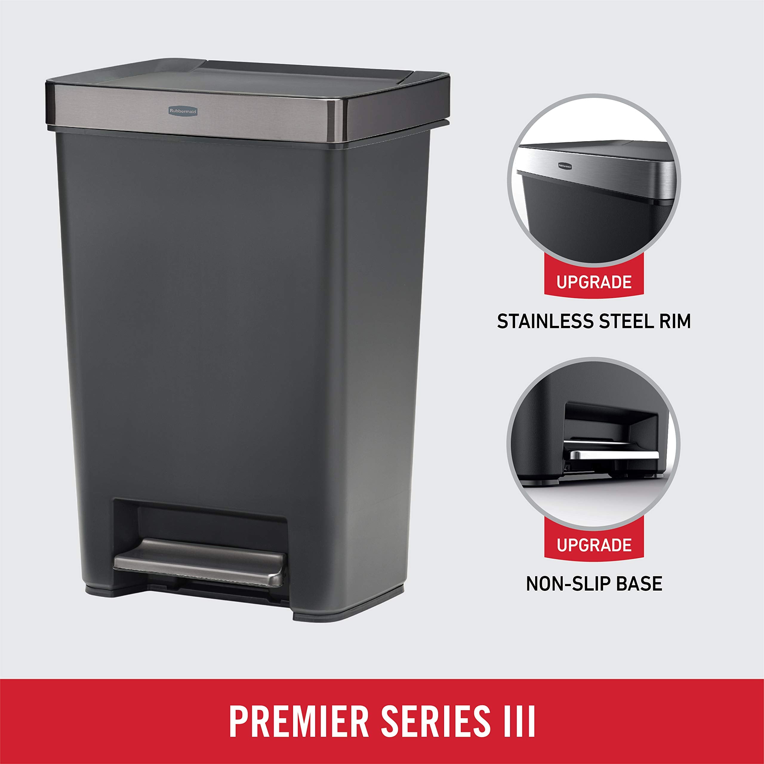 Rubbermaid close-up of stainless rim highlighting fingerprint-resistant finish benefit: cleaner look
