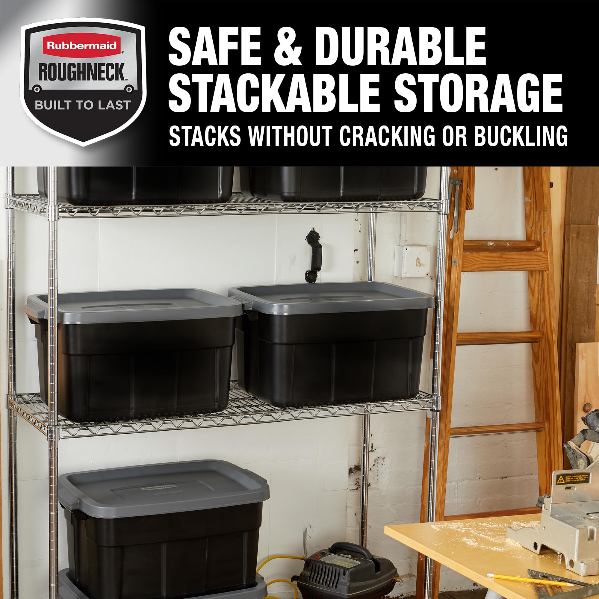 Rubbermaid Roughneck open interior with tools and gear showing washable reusable storage benefit