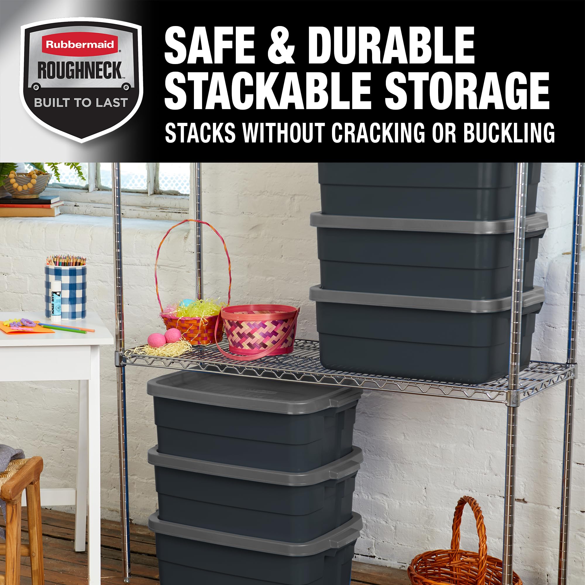 Rubbermaid open tote with stored items showing organized interior